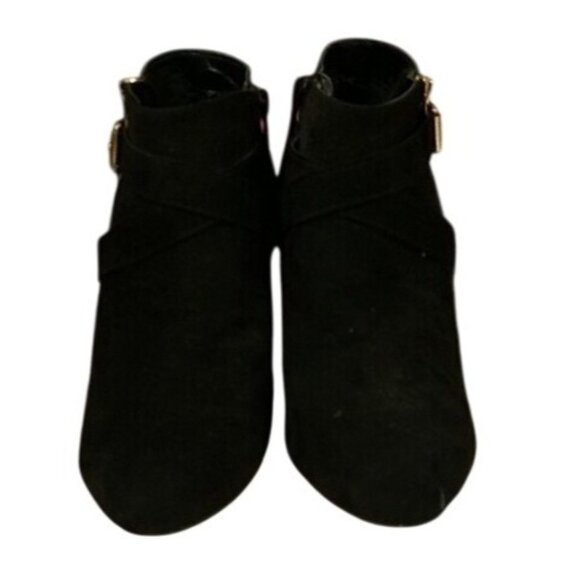 Massimo Black Faux Suede Ankle Booties Wedge Heel Gold Buckle Side Zip - Picture 1 of 6